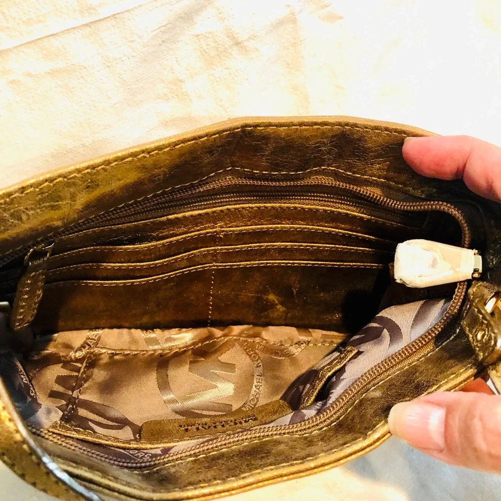 Michael Kors Metallic Gold Ruched Leather Clutch